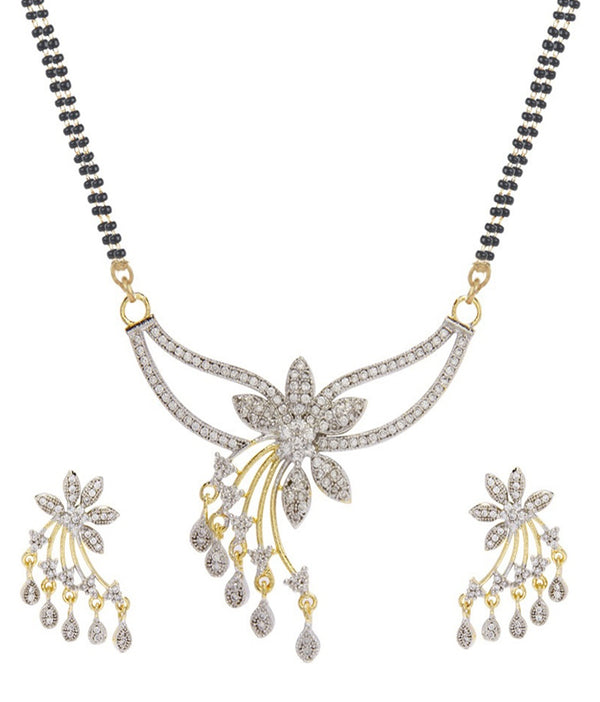 Mangalsutra American Diamond Studded Gold Plated Floral Design Traditional Jewellery with Black Beads & Earrings Combo for Women