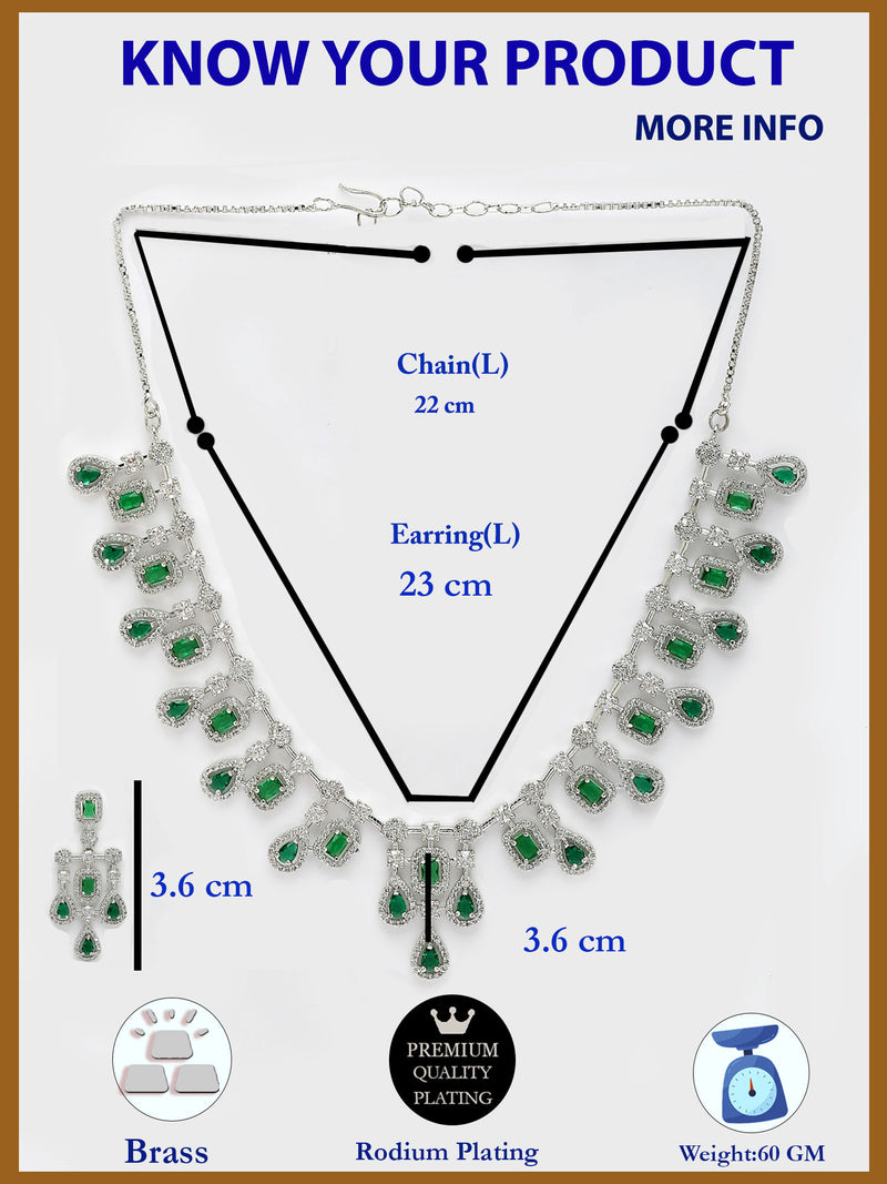 Rhodium Plated with Royal Design & Green American Diamond Stones Studded Necklace Set