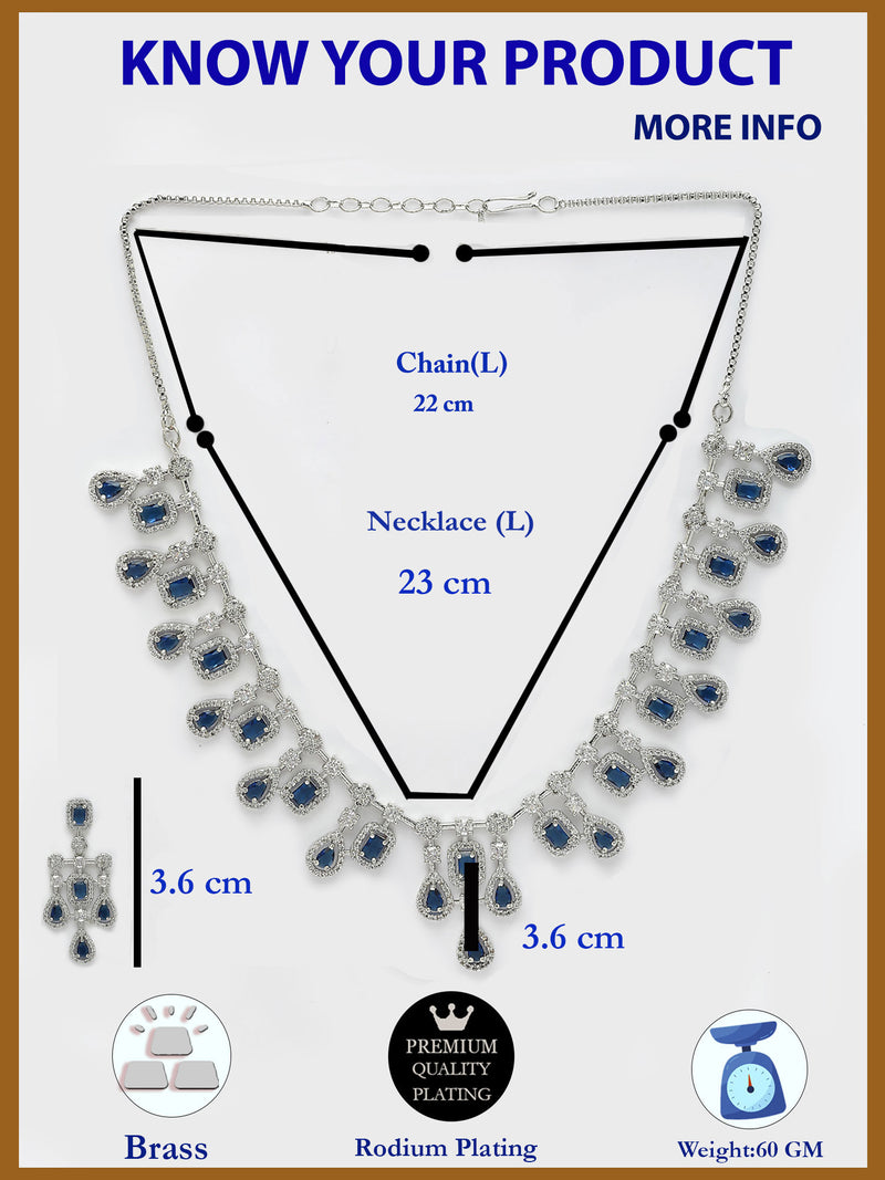 Rhodium Plated with Royal Design & Blue American Diamond Stones Studded Necklace Set