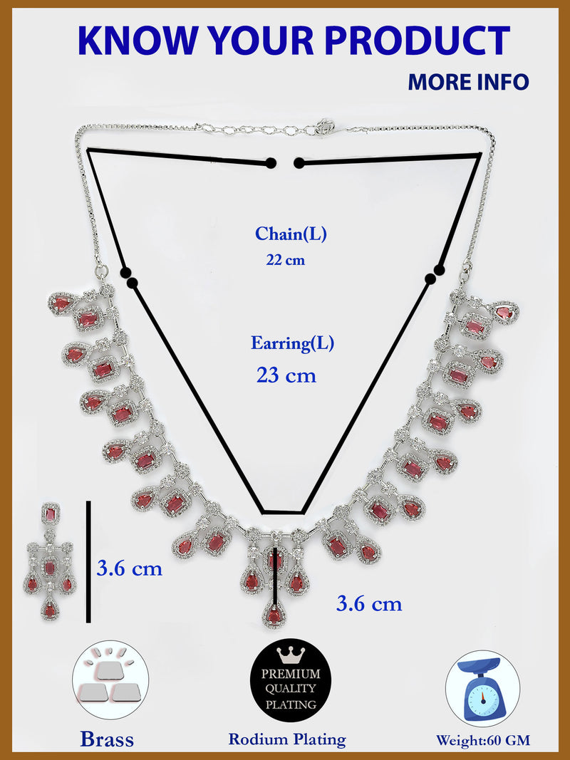 Rhodium Plated with Royal Design & Red American Diamond Stones Studded Necklace Set