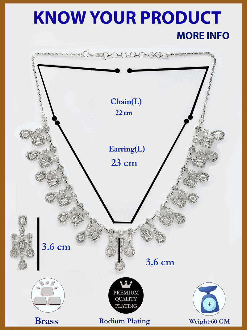 Rhodium Plated with Royal Design & White American Diamond Stones Studded Necklace Set