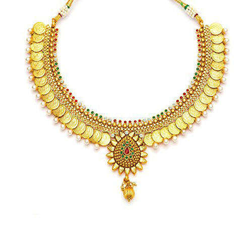 Traditional Gold Plated Temple coin Necklace Set with Earrings for Women & Girls