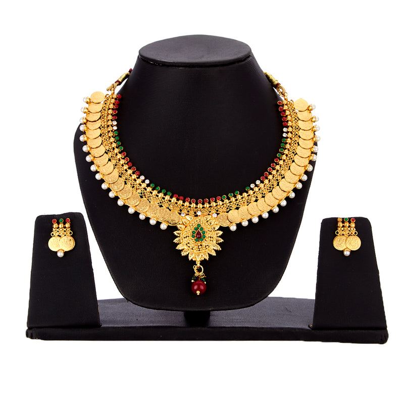 Traditional Jewellery Gold Plated Temple Coin Necklace Set with Earrings