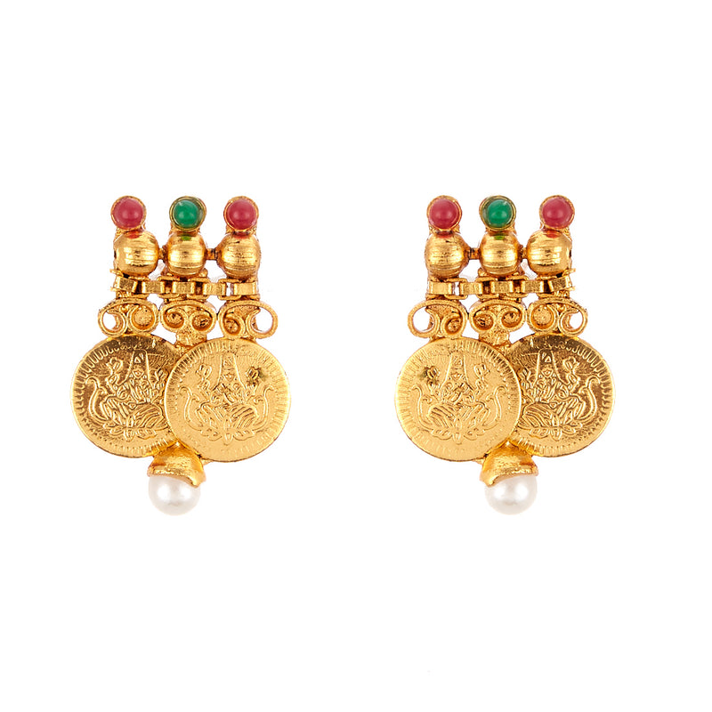 Traditional Gold Plated Temple coin Necklace Set with Earrings for Women & Girls