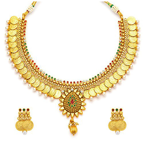 Traditional Gold Plated Temple coin Necklace Set with Earrings for Women & Girls