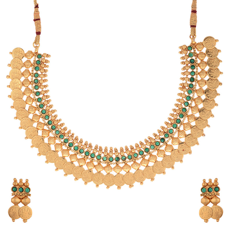 Jewellery Set Gold Plated Traditional Green Temple Coin Necklace Set With Earrings Jewellery For Women & Girls