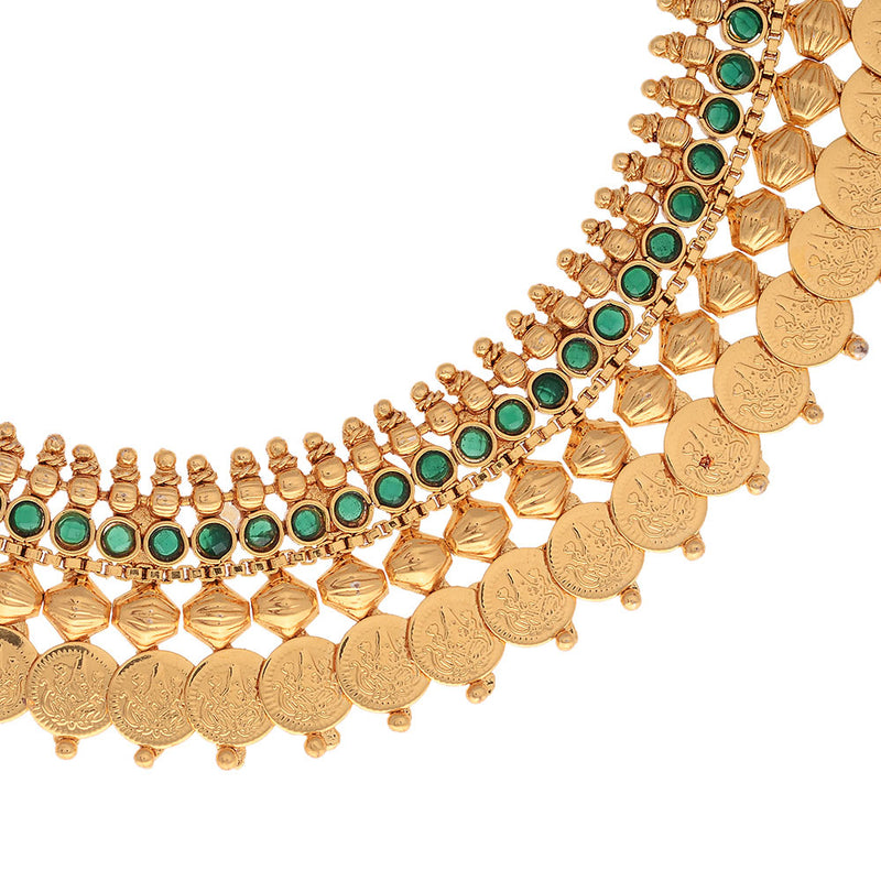 Jewellery Set Gold Plated Traditional Green Temple Coin Necklace Set With Earrings Jewellery For Women & Girls