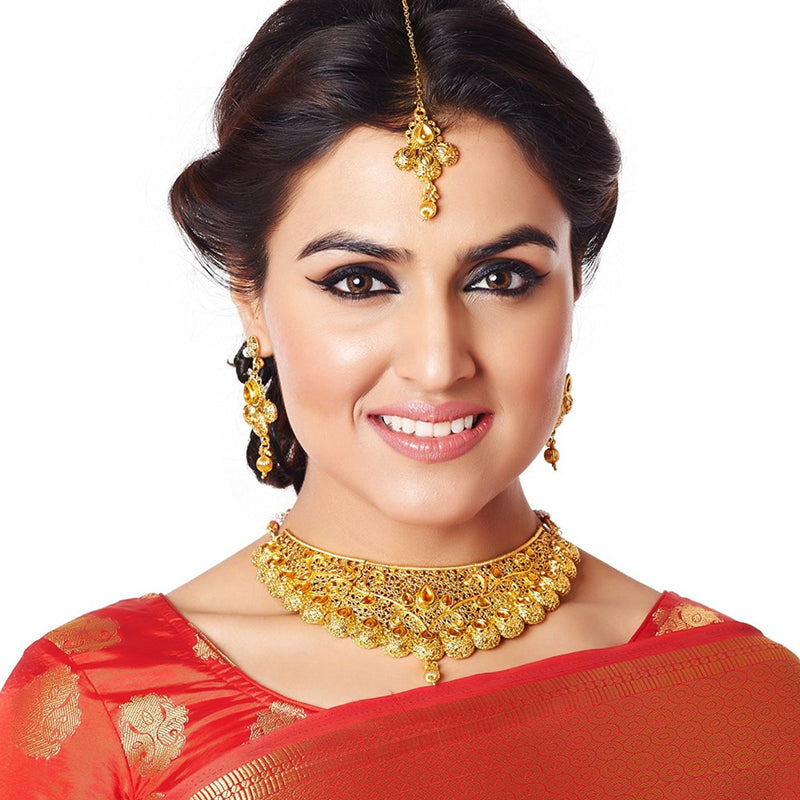 Jewellery Set Gold Plated Collar Necklace Set With Tear Drop Earring & Maang-Tikka Bridal Jewellery For Women & Girls