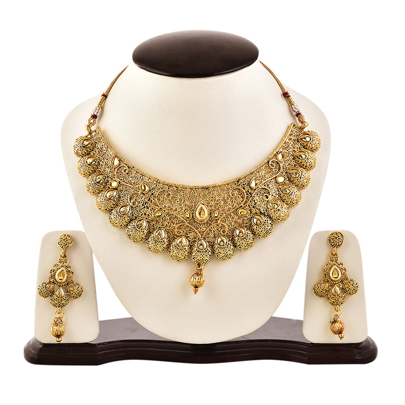 Jewellery Set Gold Plated Collar Necklace Set With Tear Drop Earring & Maang-Tikka Bridal Jewellery For Women & Girls