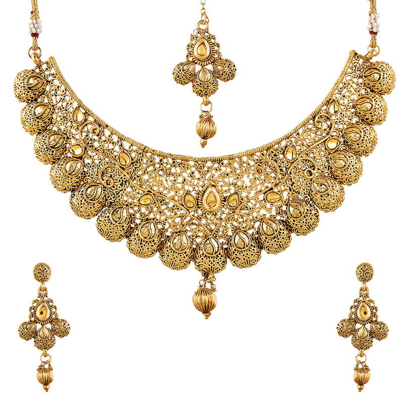 Jewellery Set Gold Plated Collar Necklace Set With Tear Drop Earring & Maang-Tikka Bridal Jewellery For Women & Girls