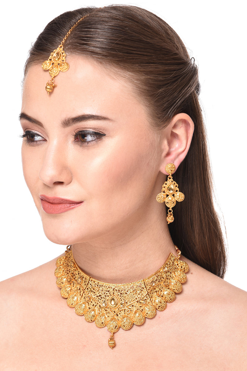 Jewellery Set Gold Plated Collar Necklace Set With Tear Drop Earring & Maang-Tikka Bridal Jewellery For Women & Girls