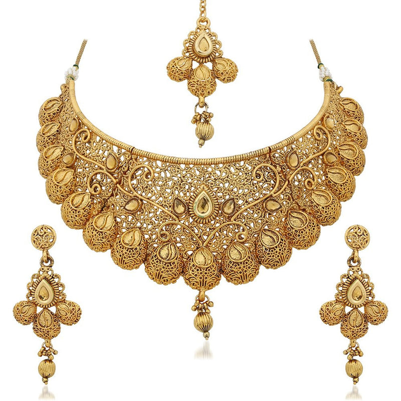 Jewellery Set Gold Plated Collar Necklace Set With Tear Drop Earring & Maang-Tikka Bridal Jewellery For Women & Girls