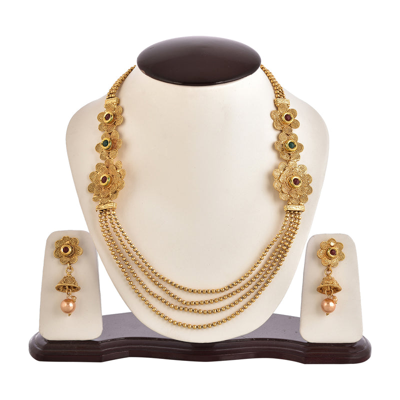 Gold Plated Stylish Multi-Strand Golden Pearls Long Necklace Set With Dangling Earrings Jewellery