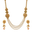 Gold Plated Stylish Multi-Strand Golden Pearls Long Necklace Set With Dangling Earrings Jewellery