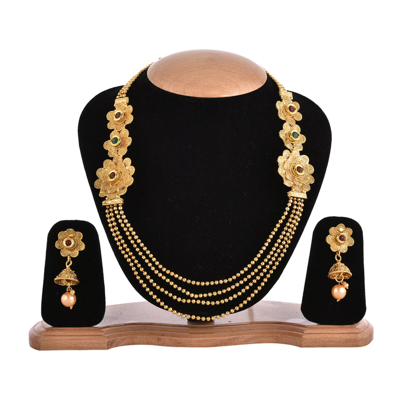 Gold Plated Stylish Multi-Strand Golden Pearls Long Necklace Set With Dangling Earrings Jewellery