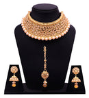 LCT Gold Plated Pearl Choker Necklace Set with Earring and Mangtikka Bridal Jewellery