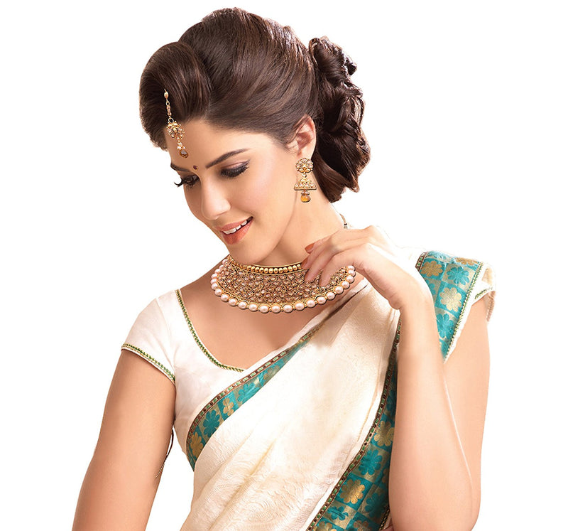 LCT Gold Plated Pearl Choker Necklace Set with Earring and Mangtikka Bridal Jewellery