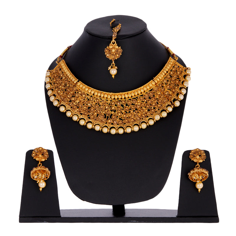 LCT Gold Plated Pearl Choker Necklace Set with Earring and Mangtikka Bridal Jewellery