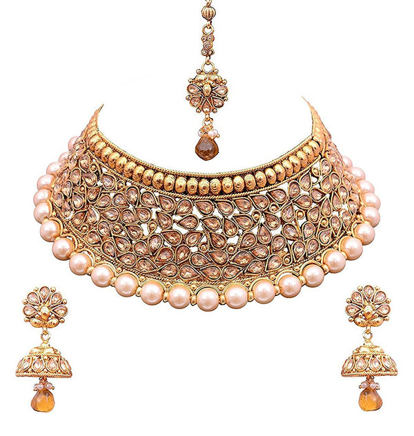 LCT Gold Plated Pearl Choker Necklace Set with Earring and Mangtikka Bridal Jewellery