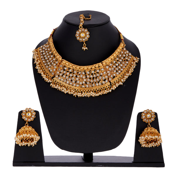Gold Plated Kundan and Pearl Choker Necklace Set With Earrings and Maang-Tikka Wedding Jewellery