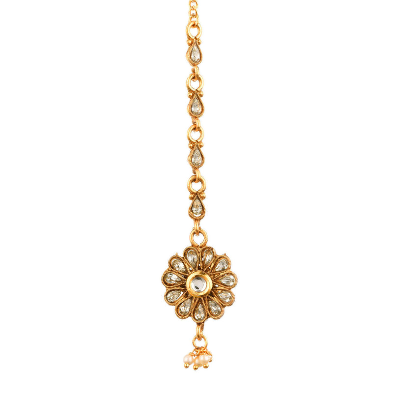 Gold Plated Kundan and Pearl Choker Necklace Set With Earrings and Maang-Tikka Wedding Jewellery