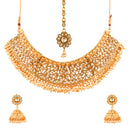 Gold Plated Kundan and Pearl Choker Necklace Set With Earrings and Maang-Tikka Wedding Jewellery