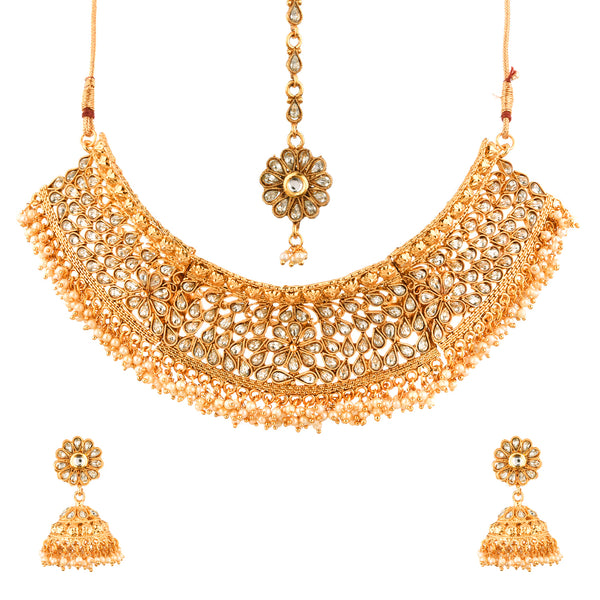 Gold Plated Kundan and Pearl Choker Necklace Set With Earrings and Maang-Tikka Wedding Jewellery