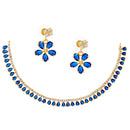 Floral Shaped Gold-Plated Navy Blue American Diamond Studded  Jewellery Set with Earrings