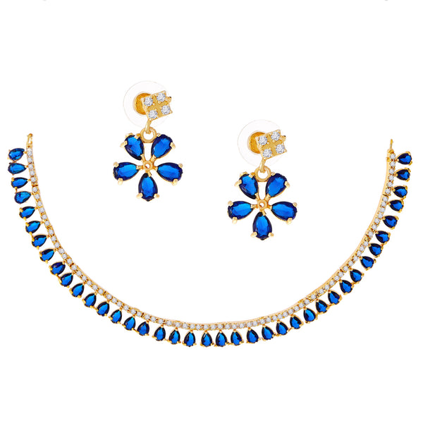 Floral Shaped Gold-Plated Navy Blue American Diamond Studded  Jewellery Set with Earrings