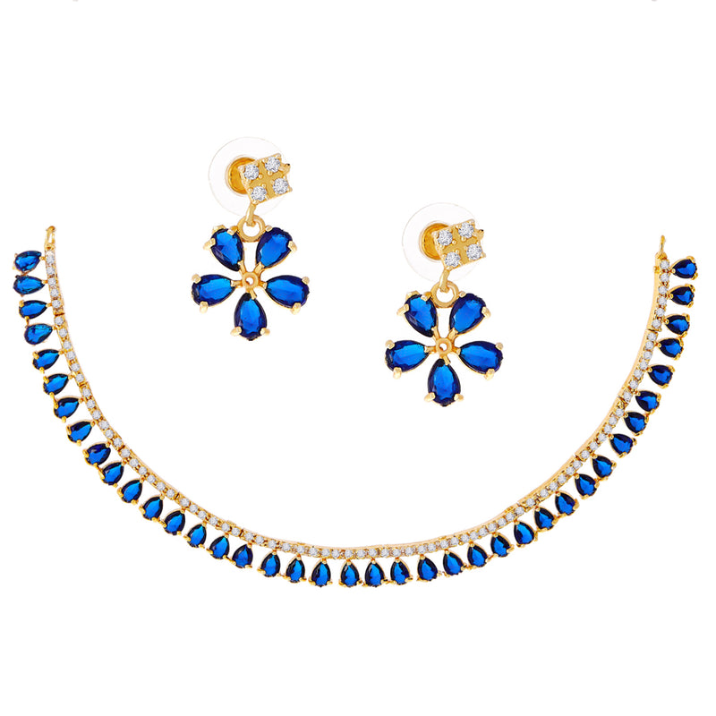 Floral Shaped Gold-Plated Navy Blue American Diamond Studded  Jewellery Set with Earrings