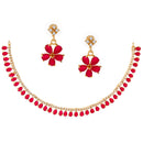 Floral Shaped Gold-Plated Red American Diamond Studded Necklace Set with Earrings