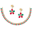 Floral Shaped Gold-Plated Red & Green American Diamond-Studded Necklace Set with Earrings