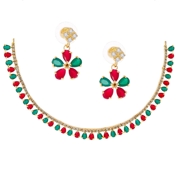 Floral Shaped Gold-Plated Red & Green American Diamond-Studded Necklace Set with Earrings