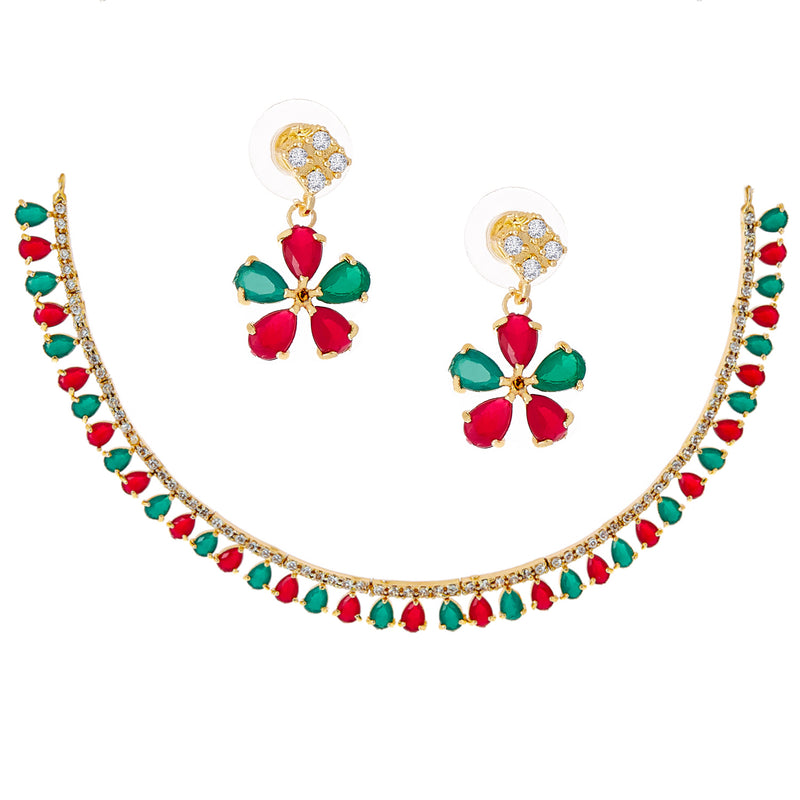 Floral Shaped Gold-Plated Red & Green American Diamond-Studded Necklace Set with Earrings