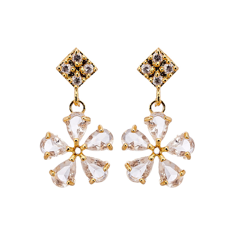 Floral Shaped Gold-Plated White American Diamond-Studded Necklace Set with Earrings