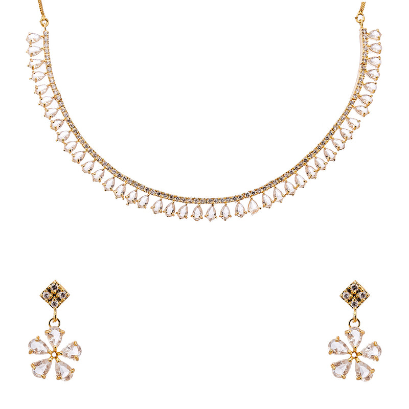 Floral Shaped Gold-Plated White American Diamond-Studded Necklace Set with Earrings