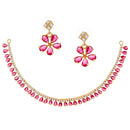 Floral Shaped Gold-Plated Pink American Diamond Studded Necklace Set with Earrings