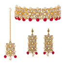 Gold Plated Royal Crafted Stones Studded And Red And Pearl Beads Flower Shaped Necklace Set With  Maang Tikka And Earrings