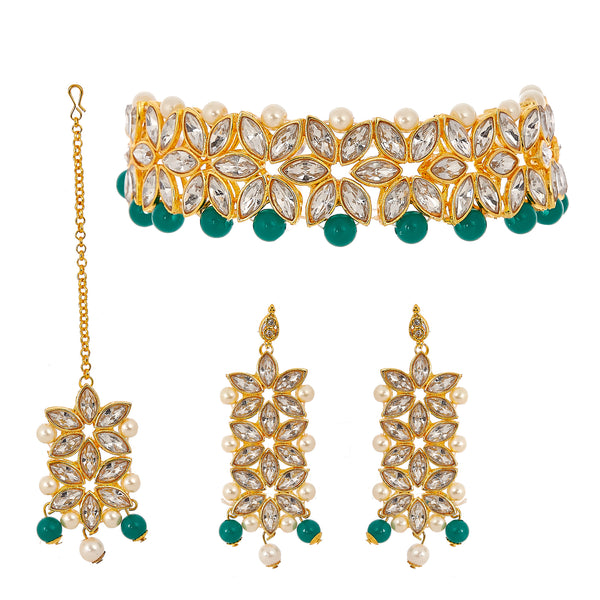 Flower Shaped Choker Bridal Necklace Set With Earrings Maang Tikka