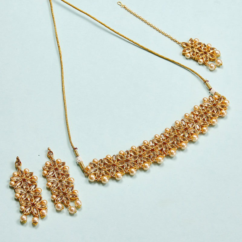 Flower Shaped Choker Bridal Necklace Set With Earrings Maang Tikka Jewellery