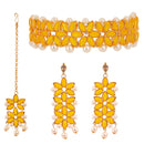 Yellow & White Stone Studded & Beaded Flower Shaped Gold-Plated Choker Bridal Necklace With Earrings & Maang Tika