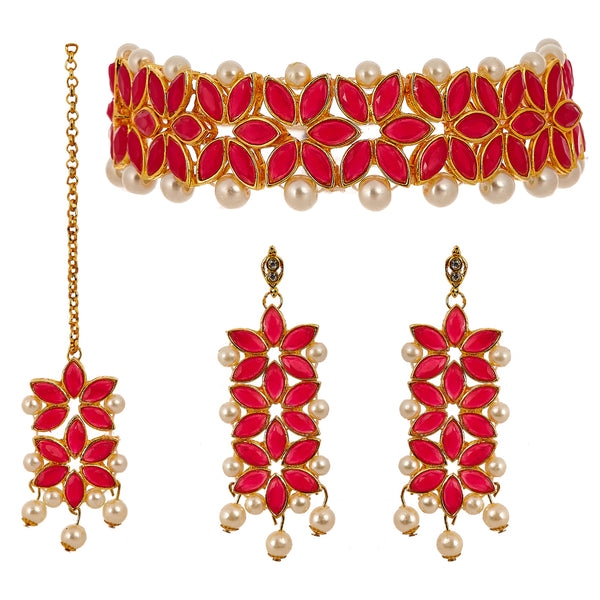 Red & White Kundan Studded Flower Shaped Gold-Plated Choker Necklace With Earrings & Maang Tika