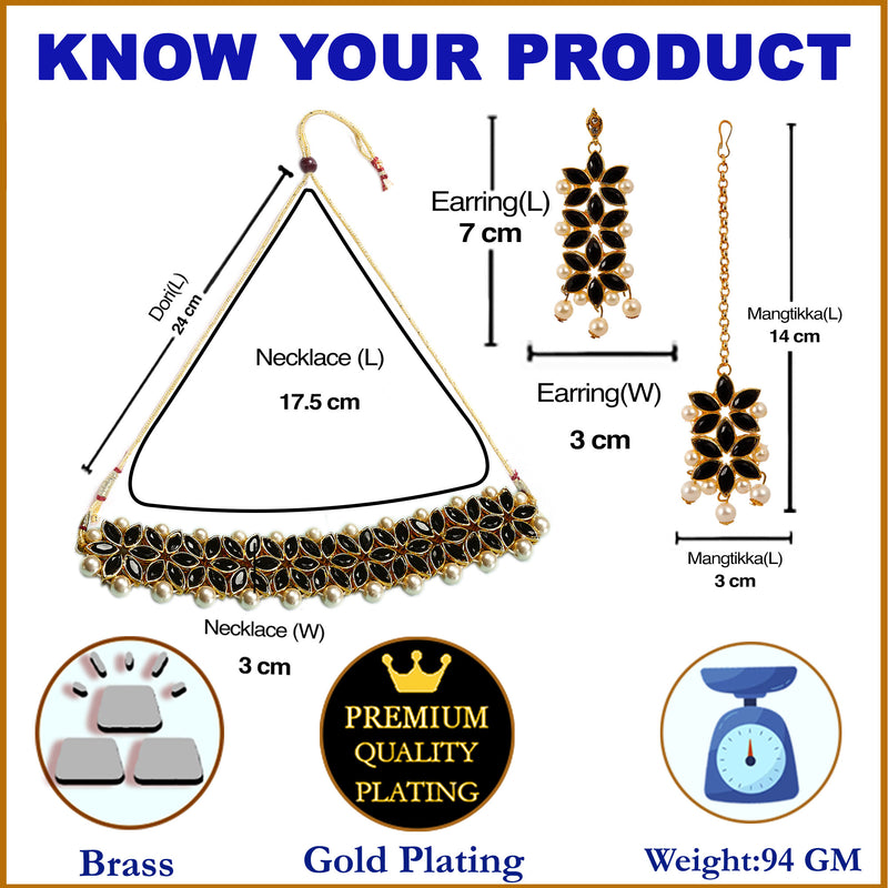 Black & White Stone Studded & Beaded Flower Shaped Gold-Plated Choker Necklace With Earrings & Maang Tika