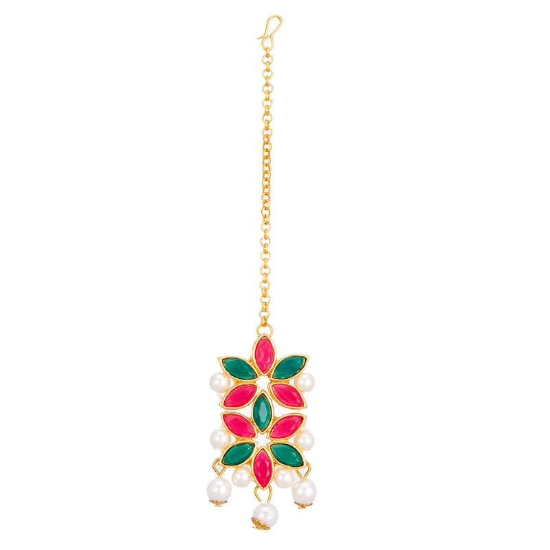 Flower Shaped Choker Bridal Necklace Set With Earrings Maang Tikka Jewellery