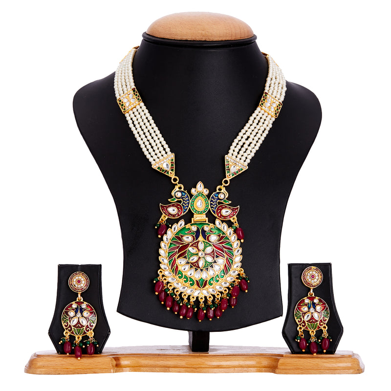 Gold Plated Long Necklace Hyderabadi Design Pearl Peacock Necklace Set With Earring