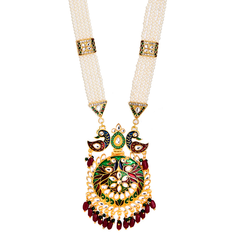 Gold Plated Long Necklace Hyderabadi Design Pearl Peacock Necklace Set With Earring