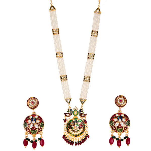 Gold Plated Long Necklace Hyderabadi Design Pearl Peacock Necklace Set With Earring