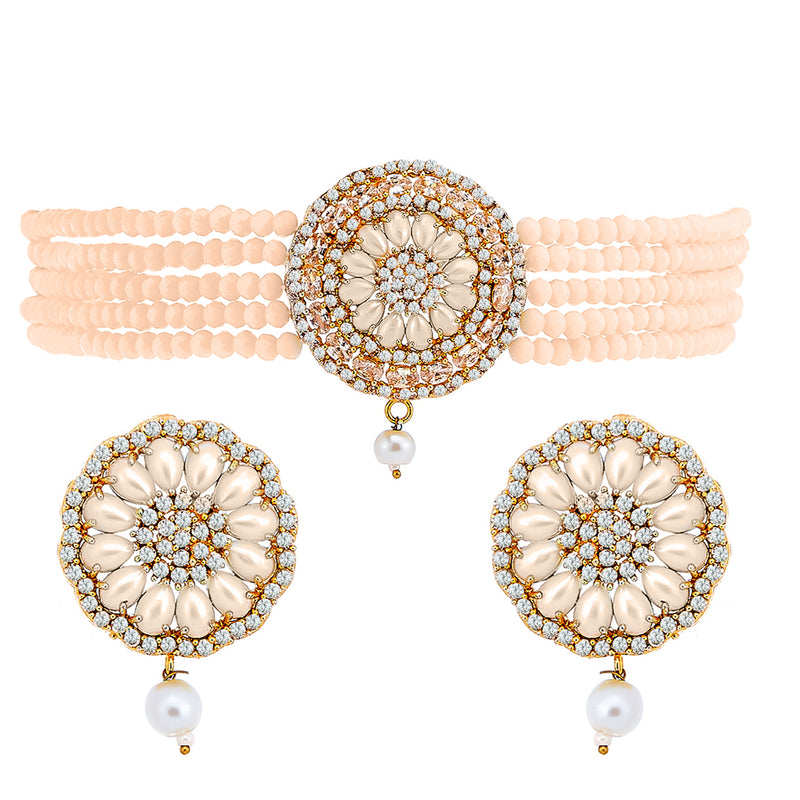 Off-White Gold-Plated Pearl Studded Detailing Pendant With Multistrand Beads Strap Choker Necklace Set