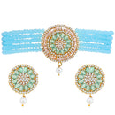 Turqoise Blue Gold-Plated Stone Studded Multistrand Choker Necklace with Earring