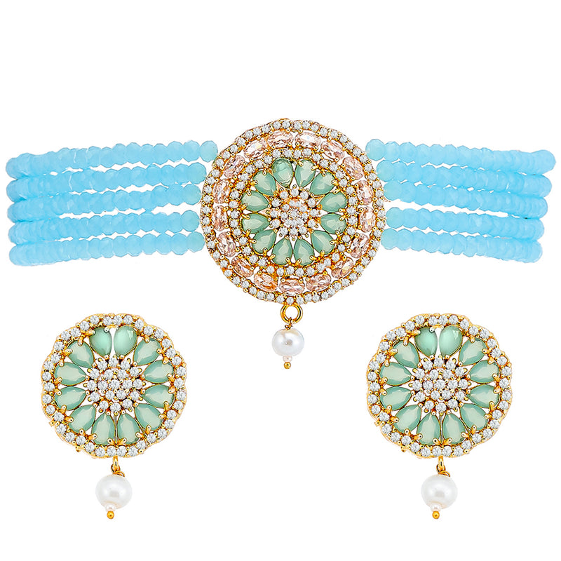 Turqoise Blue Gold-Plated Stone Studded Multistrand Choker Necklace with Earring